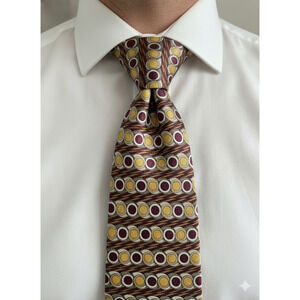 Paul Frederick maroon red yellow pattern Italian silk tie hand tailored - 57"